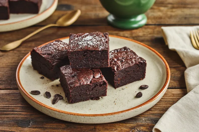 Pedaços de brownie de cacau cortados em quadrados sobre papel manteiga