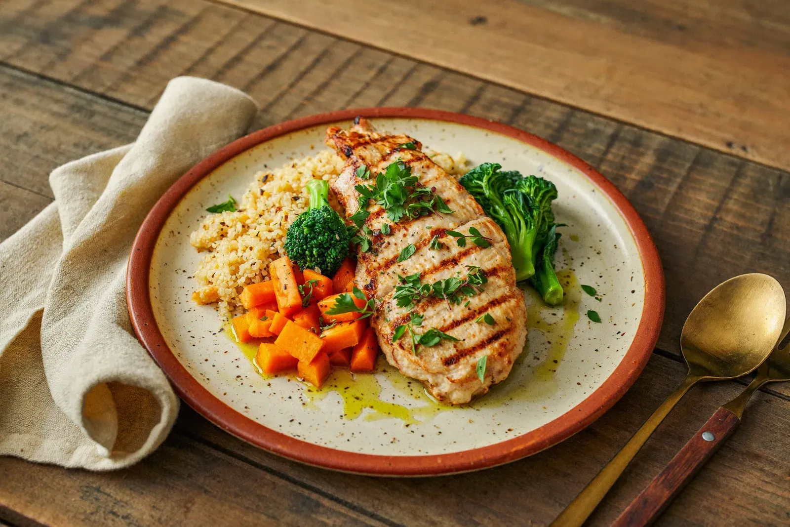 Prato com filé de frango grelhado, quinoa e legumes salteados