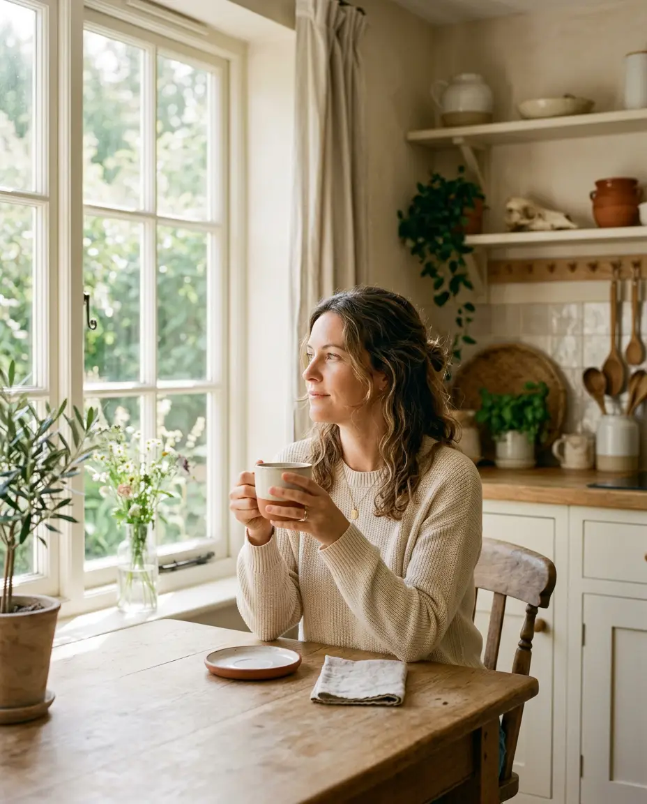 Mulher tomando café à mesa, em um momento calmo