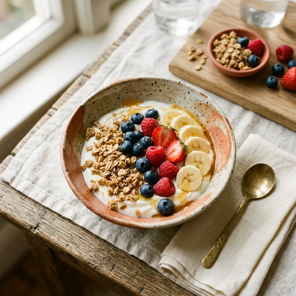 Bowl de iogurte com frutas vermelhas, banana e granola