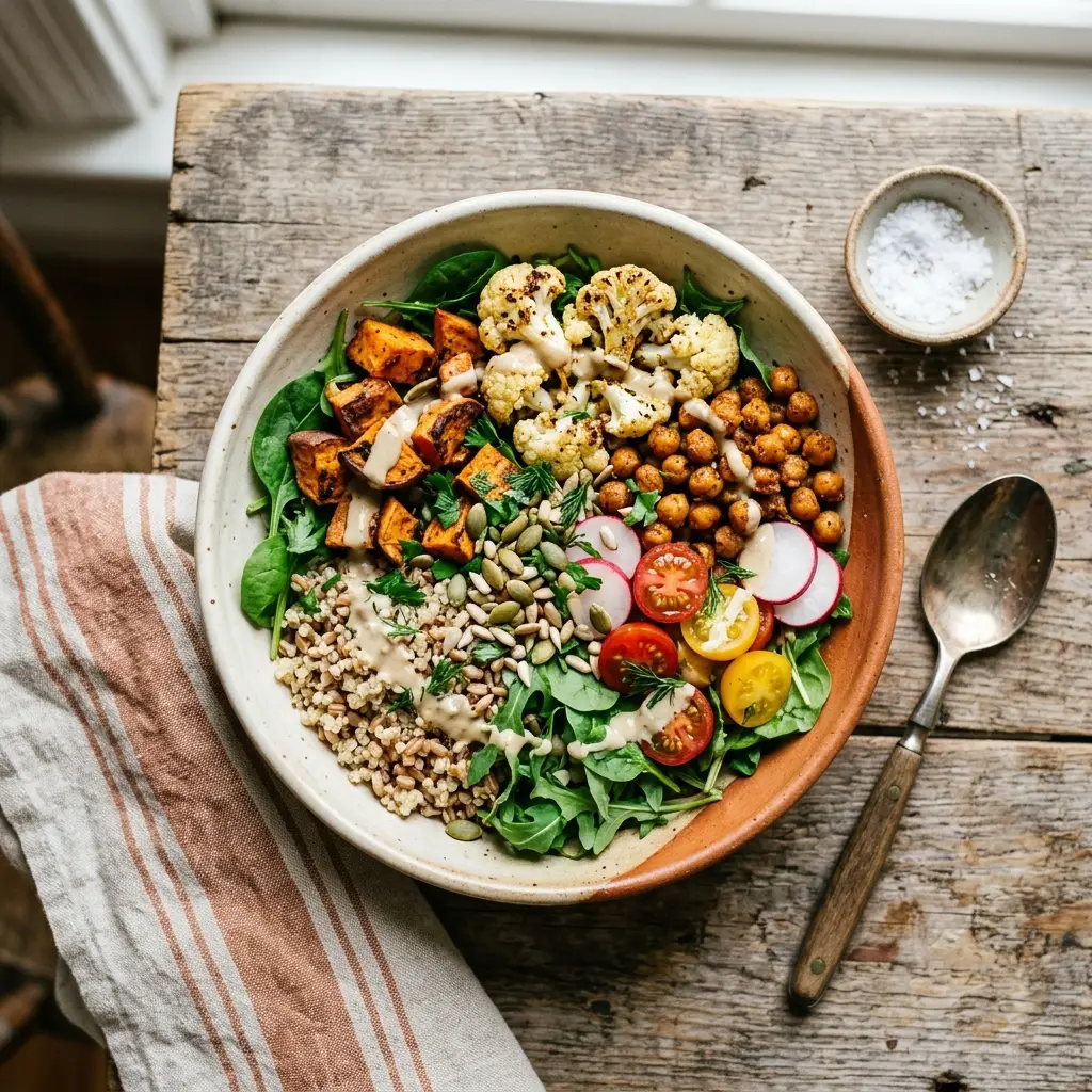 Bowl de grãos com legumes assados e folhas