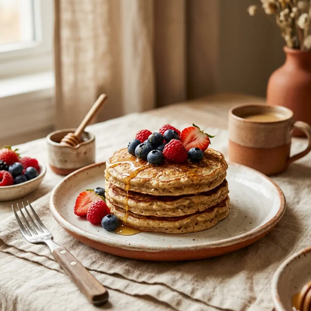 Panquecas de aveia com frutas e mel
